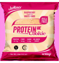 Justine&#39;s Protein Cookie – Bezlepkové proteínové sušienky – 64 g – Malina s bielou čokoládou