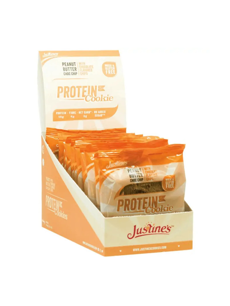 Justine&#39;s Protein Cookie – Bezlepkové proteínové sušienky – 12 x 64 g – Arašidové maslo s kúskami čokolády