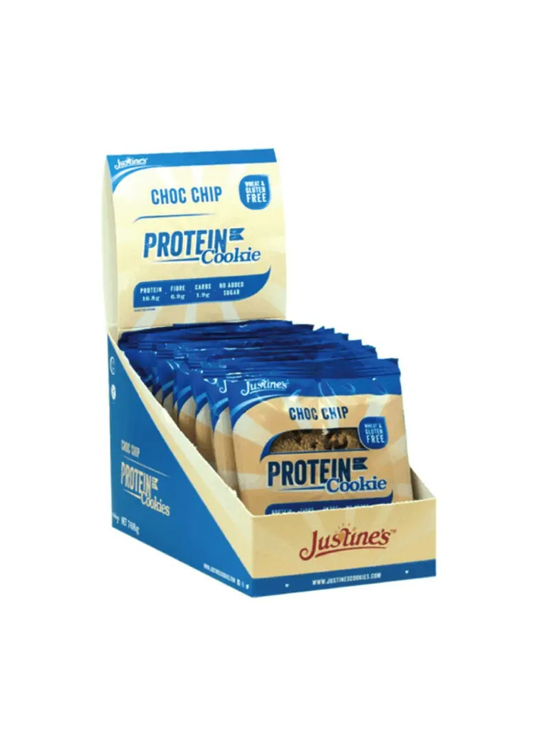 Justine&#39;s Protein Cookie – Bezlepkové proteínové sušienky – 12 x 64 g – s kúskami čokolády