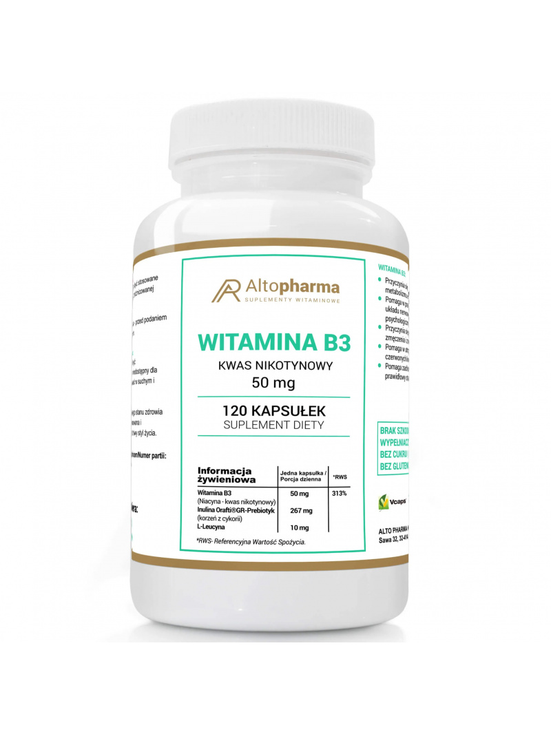 ALTO PHARMA Niacín Vitamín B3 PP 50 mg (kyselina nikotínová) 120 vegánskych kapsúl