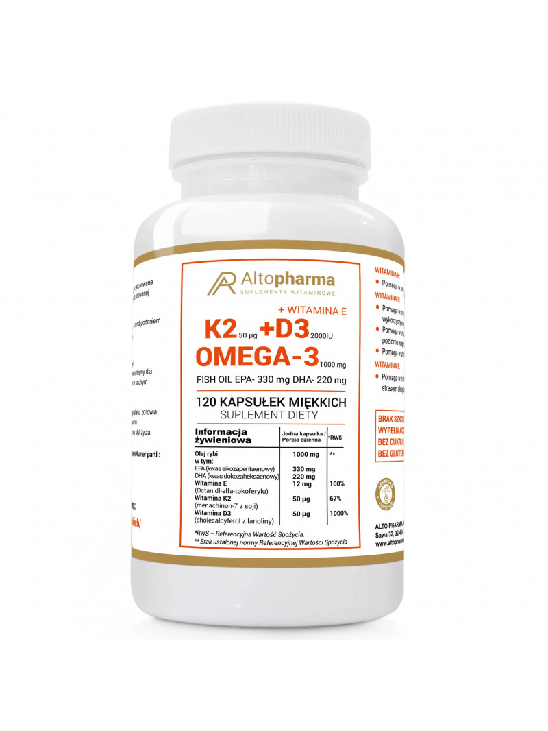 ALTO PHARMA Vitamín K2 MK-7 + D3 2000 IU Vit E + Omega-3 120 mäkkých kapsúl