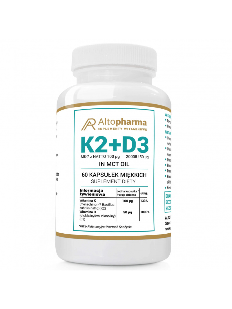 ALTO PHARMA Vitamín K2 MK7 Natto 100 µg + D3 50 µg 2000 IU v MCT 60 mäkkých kapsulách